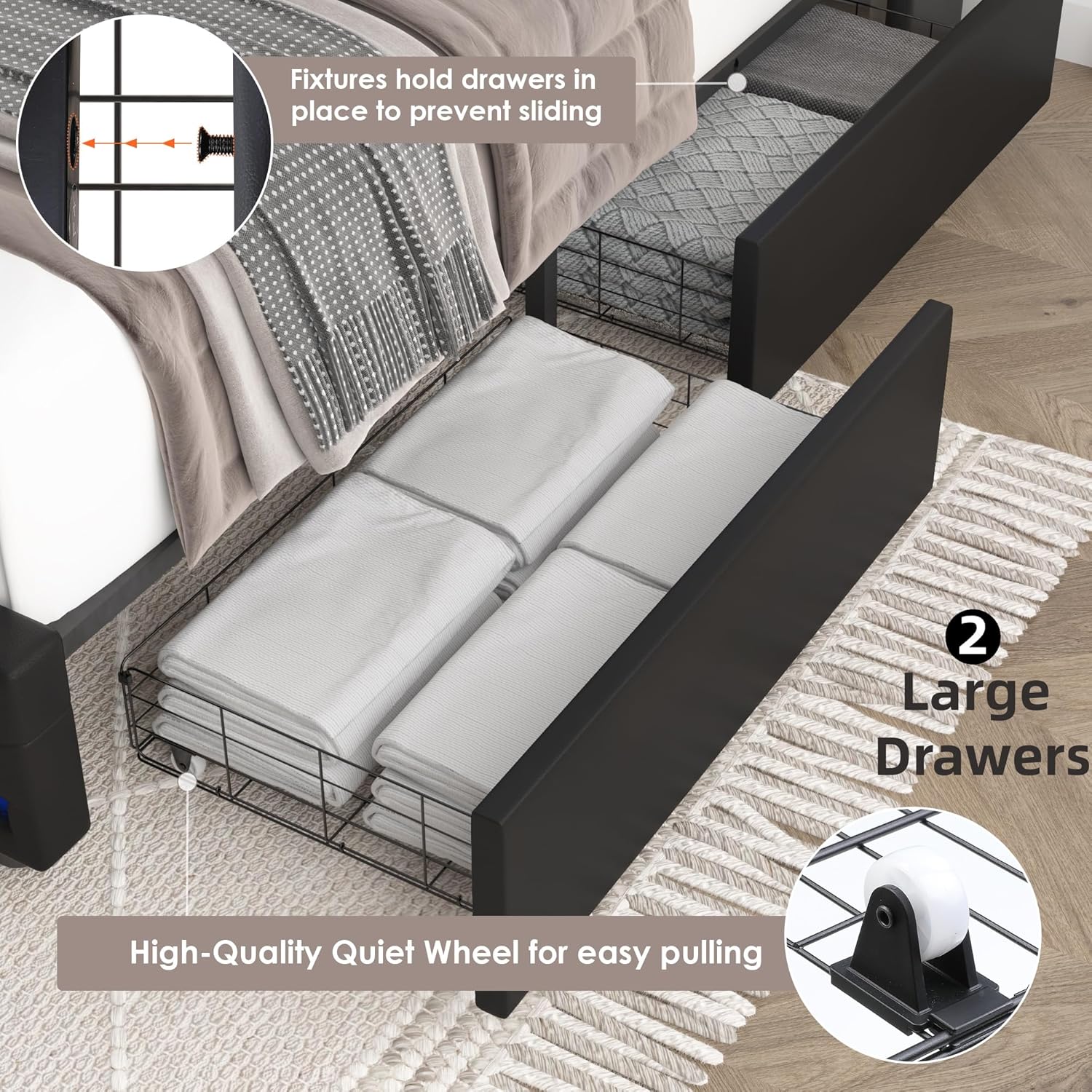 HIFIT Full LED Bed Frame with Charging Station and 2 Storage Drawers, PU Upholstered Platform Bed with Handcrafted Crystal Button Wingback Headboard, Metal Frame with No Box Spring Needed, Black