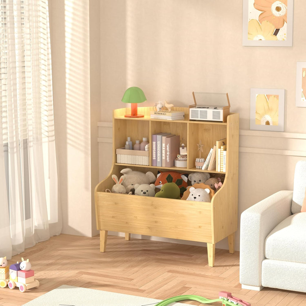 Kids Bookshelf and Toy Storage Organizer，Bamboo Bookcase，Fit for Children's Room, Playroom, Bedroom,Hallway, Kindergarten (Nature)