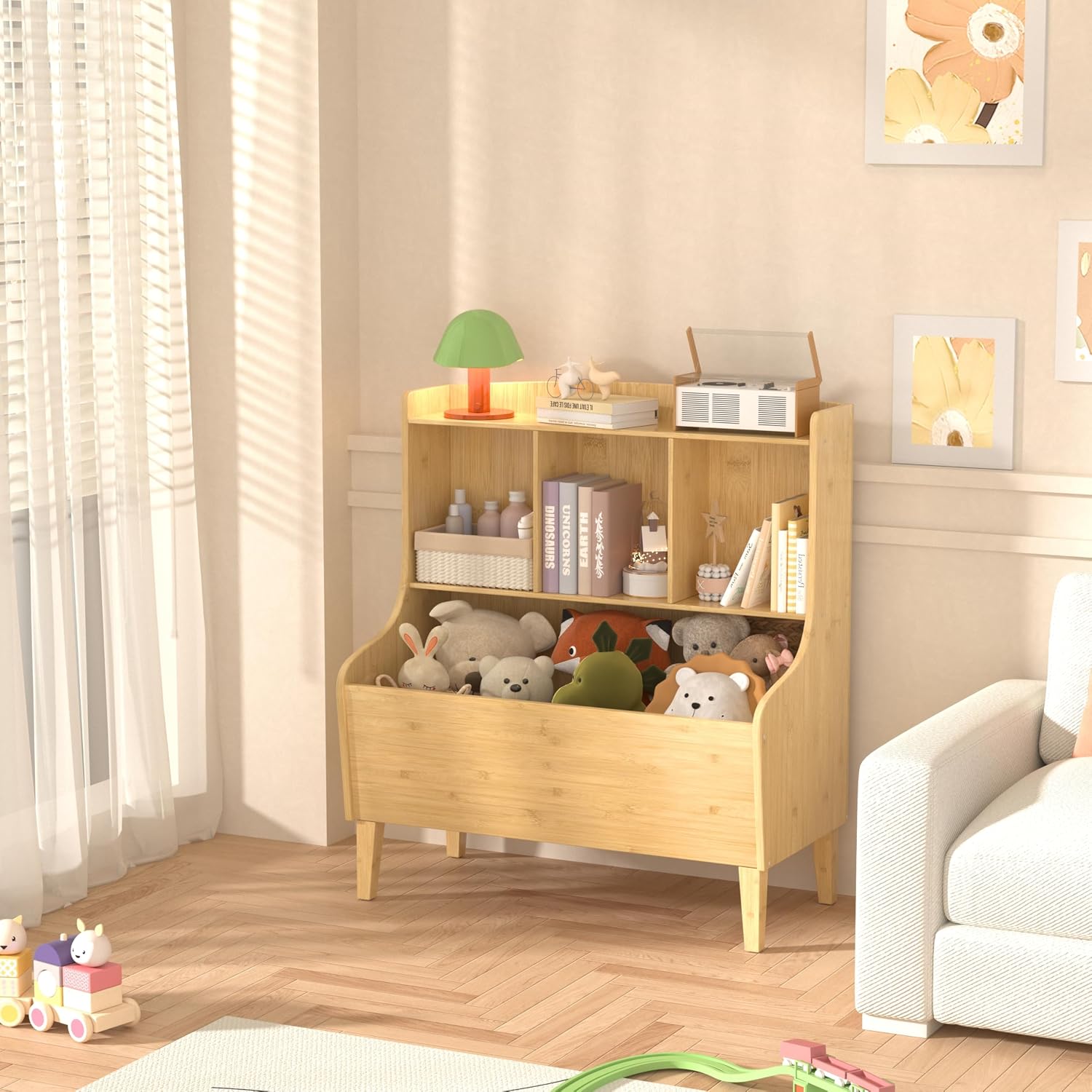 Kids Bookshelf and Toy Storage Organizer，Bamboo Bookcase，Fit for Children's Room, Playroom, Bedroom,Hallway, Kindergarten (Nature)