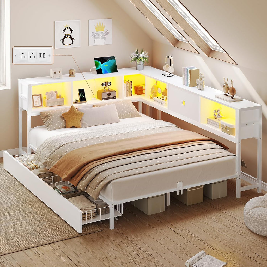 DICTAC Full Corner Bed Frame with Storage Drawers,Bookcase Headboard and Charging Station Full Size Metal Platform Corner Bed Frame with Storage and Led Lights Full Size Daybed for Teen Adult,White