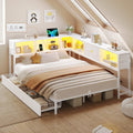 DICTAC Full Corner Bed Frame with Storage Drawers,Bookcase Headboard and Charging Station Full Size Metal Platform Corner Bed Frame with Storage and Led Lights Full Size Daybed for Teen Adult,White