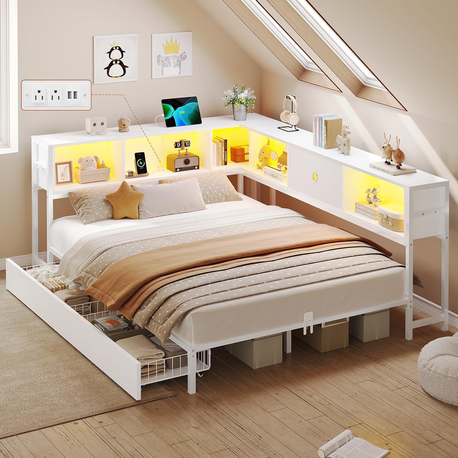 DICTAC Full Corner Bed Frame with Storage Drawers,Bookcase Headboard and Charging Station Full Size Metal Platform Corner Bed Frame with Storage and Led Lights Full Size Daybed for Teen Adult,White
