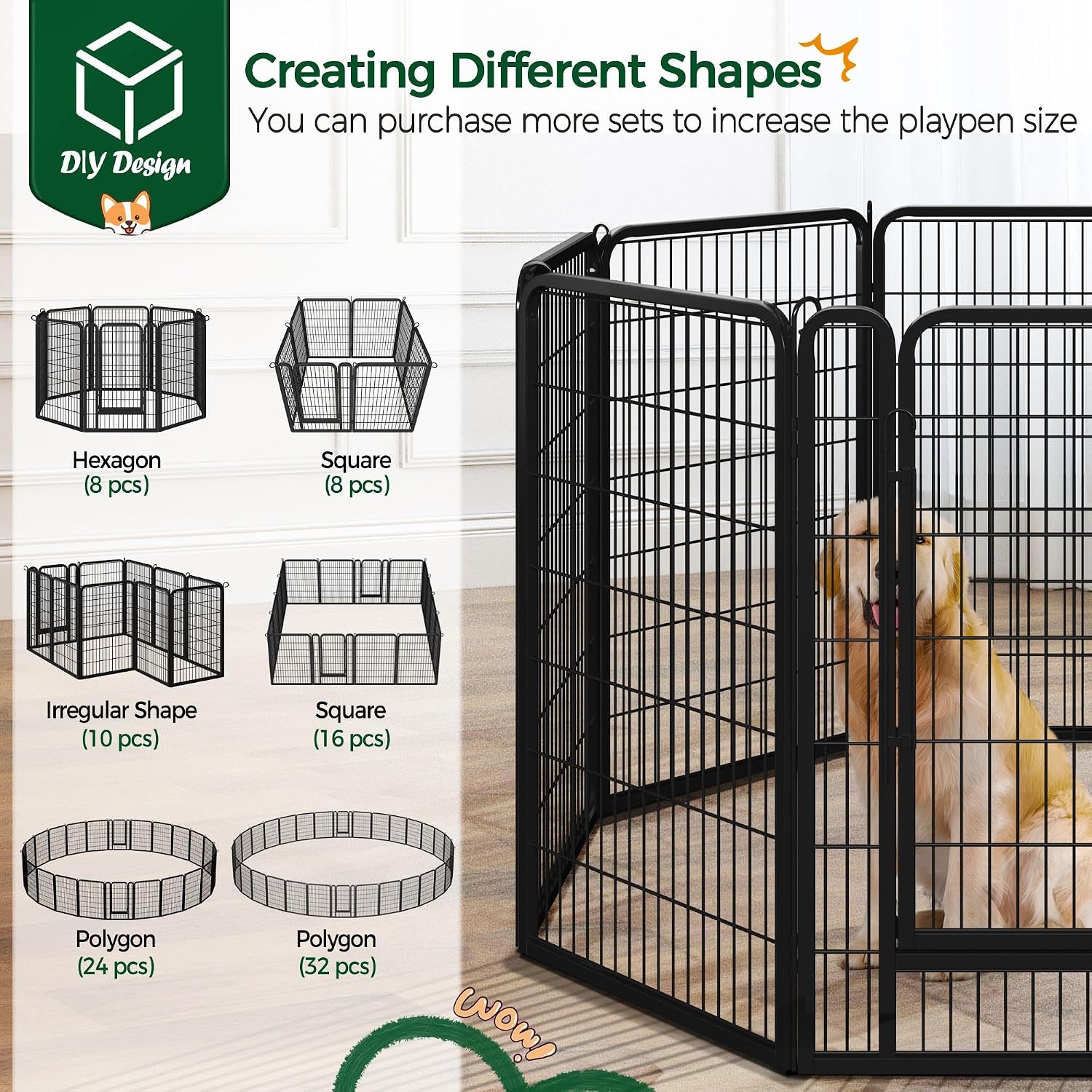 Yaheetech 40in 32-Panel Metal Dog Playpen Fence for Indoor Yard RV Camping | Heavy-duty Rustproof Frame with Secure Latch Door, Tool-free Assembly, Foldable Storage, Ideal for Medium to Large Dog Breeds