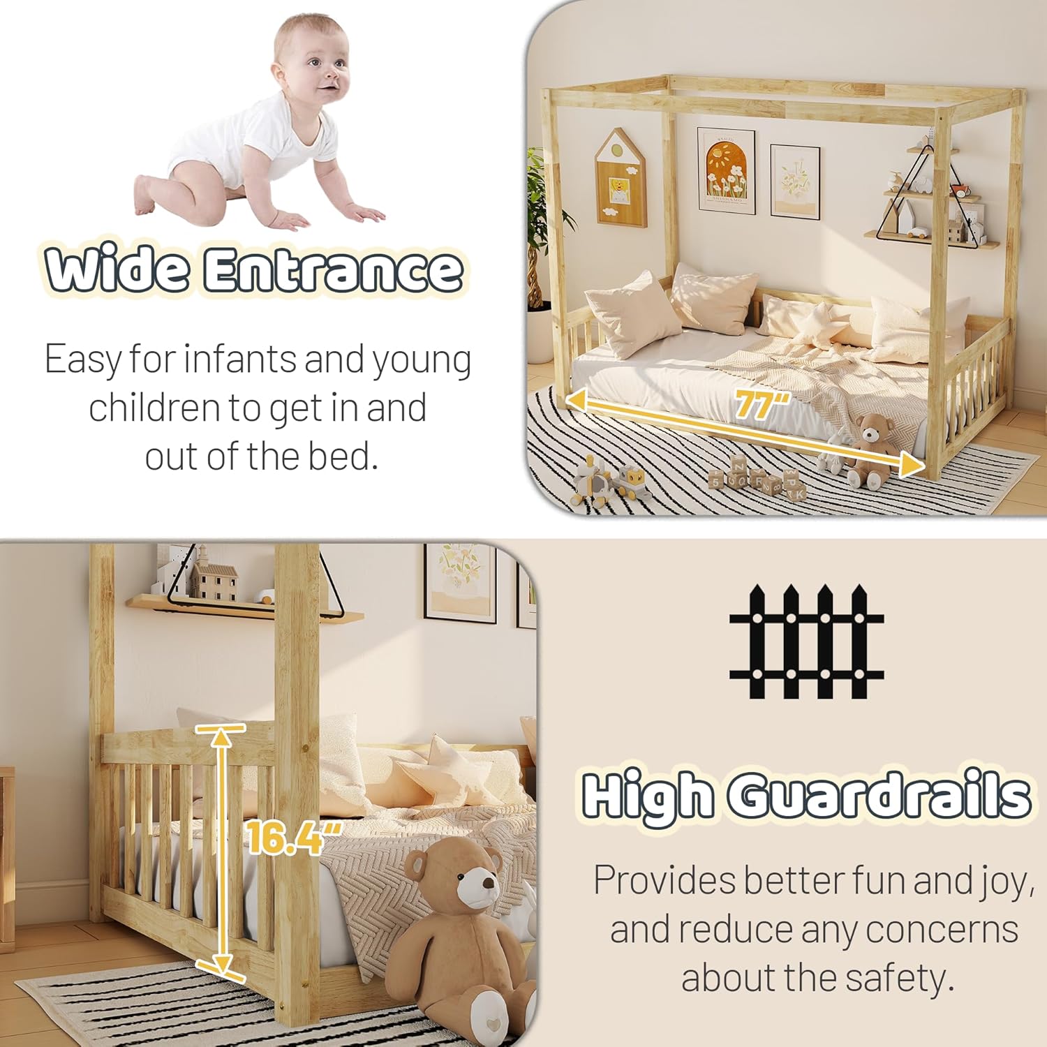Twin Size Montessori Floor Bed with Canopy Frame and High Guardrails, Solid Wood Twin Canopy Bed with 4 Posters, Safe and Stylish Canopy Twin Bed for Kids Girls Boys,Natural