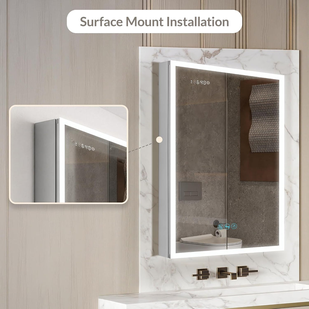 Blossom LED Lighted Mirror Medicine Cabinet, 24x32 Inch, Left Hinge, Recessed/Surface Bathroom LED Medicine Cabinet with Mirror, Defogger, Adjustable Brightness, 3X Makeup Mirror, Outlets & USB Ports