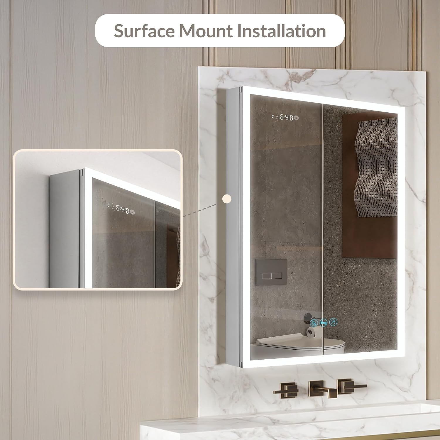 Blossom LED Lighted Mirror Medicine Cabinet, 24x32 Inch, Left Hinge, Recessed/Surface Bathroom LED Medicine Cabinet with Mirror, Defogger, Adjustable Brightness, 3X Makeup Mirror, Outlets & USB Ports