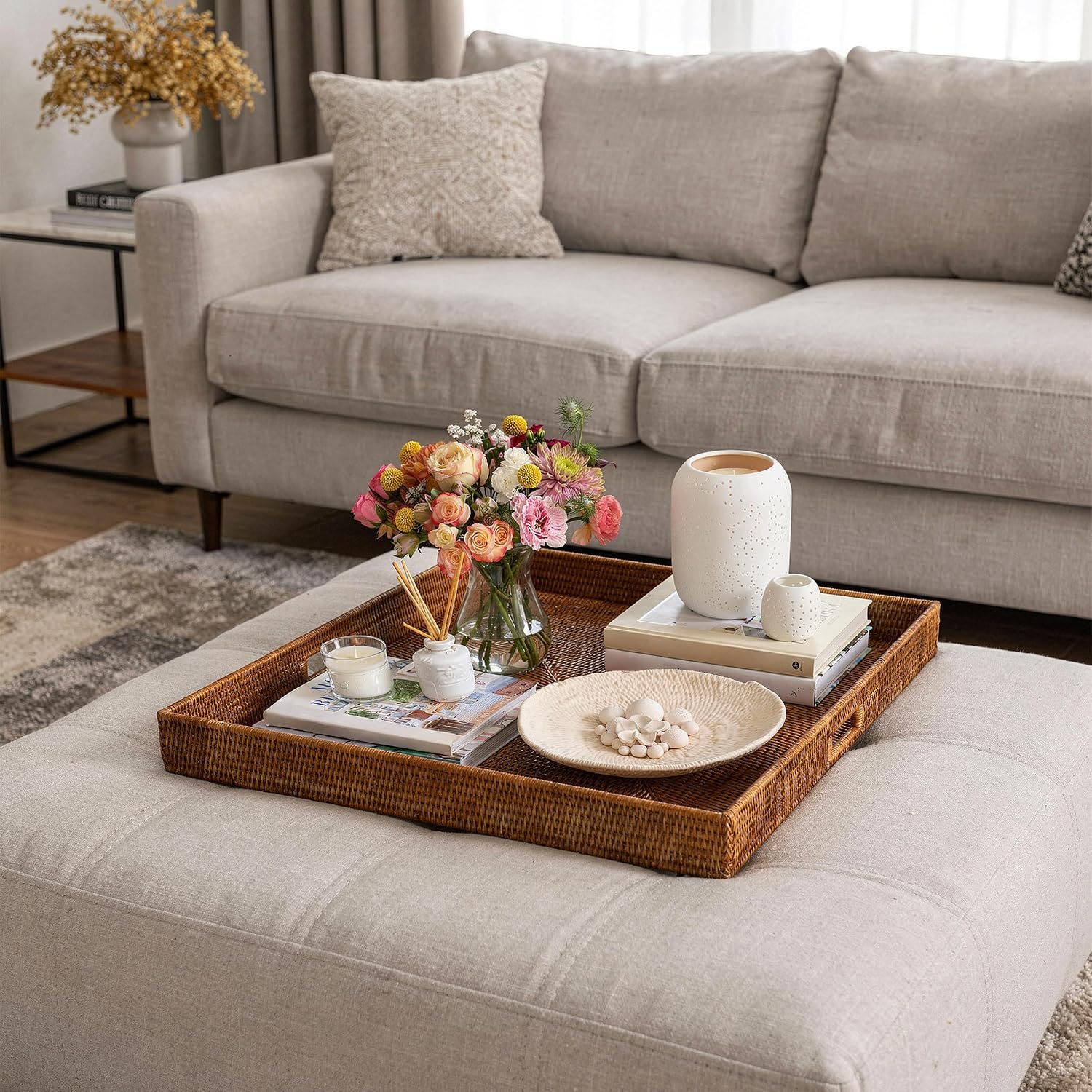 KOUBOO La Jolla Rattan Tray, Square Woven Tray - Decorative Coffee Table, Breakfast Tray, Home Decor Basket Style, Extra Large, Honey-Brown