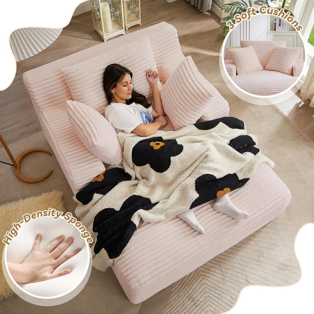 Oversized Chaise Lounge Chair Indoor, 66' Cloud Boneless Sleeper Couch Corduroy Upholstered Sofa Bed Deep Seat Comfy Reading Chair with 3 Pillows for Living Room Bedroom, Pink