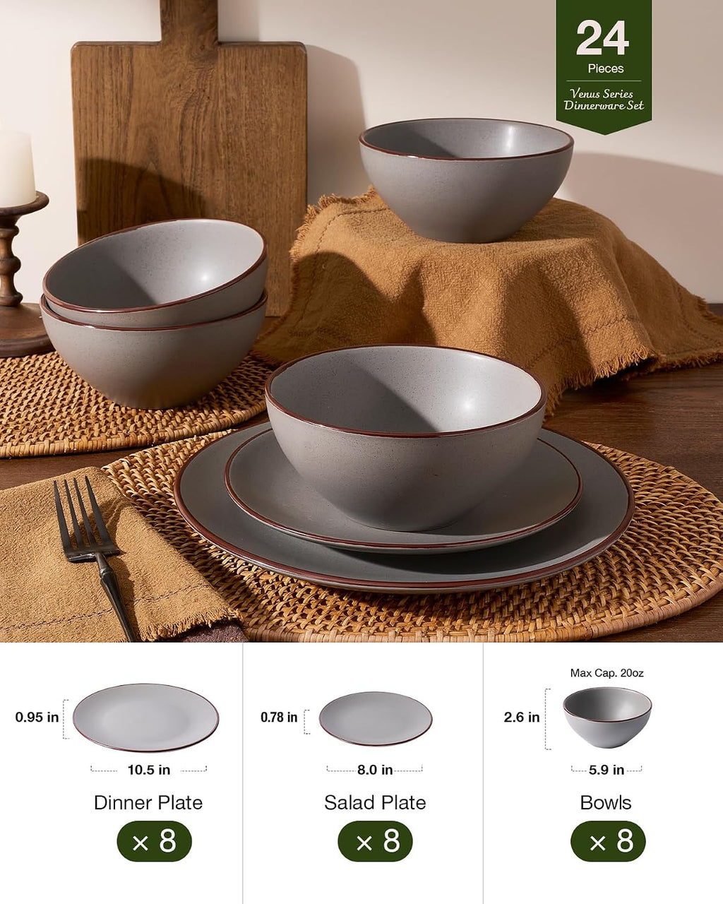 Famiware Venus Plates and Bowls Sets with Trim, 24 Pieces Speckled Stoneware Dinnerware Set for 8, Matte Dark Gray - Microwave & Dishwasher Safe, Modern Minimalist, Dishes for Everyday & Formal Dining