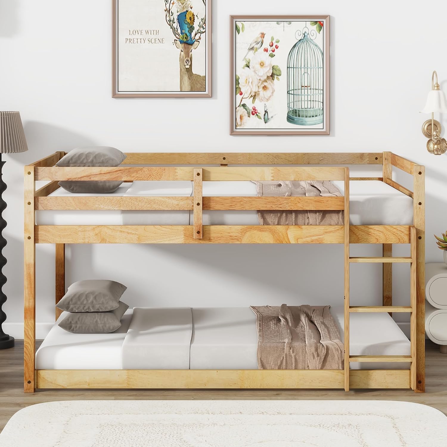 Ball & Cast Twin Over Twin Bunk Bed,Solid Rubber Wooden Low Floor Platform Bed with Ladder and Full Length Guardrail,Slat Support,Bedroom Furniture for Girls Boys,Natural