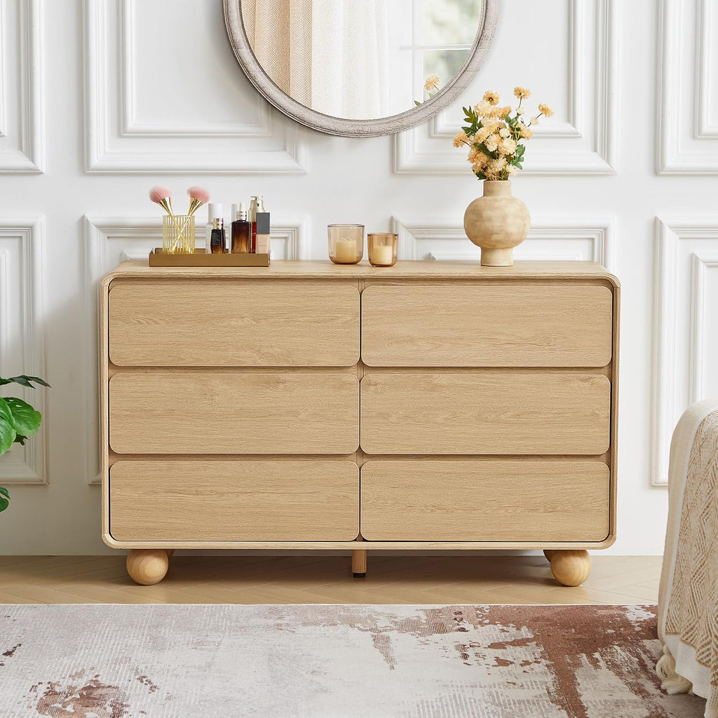 AVZEAR 6 Drawer Dresser for Bedroom, 48' Modern Wooden Dresser Chest of Drawers, Curved Profile Design, Closet Clothes Storage Organizer for Kids Bedroom, Living Room, Nursery, Natural Color