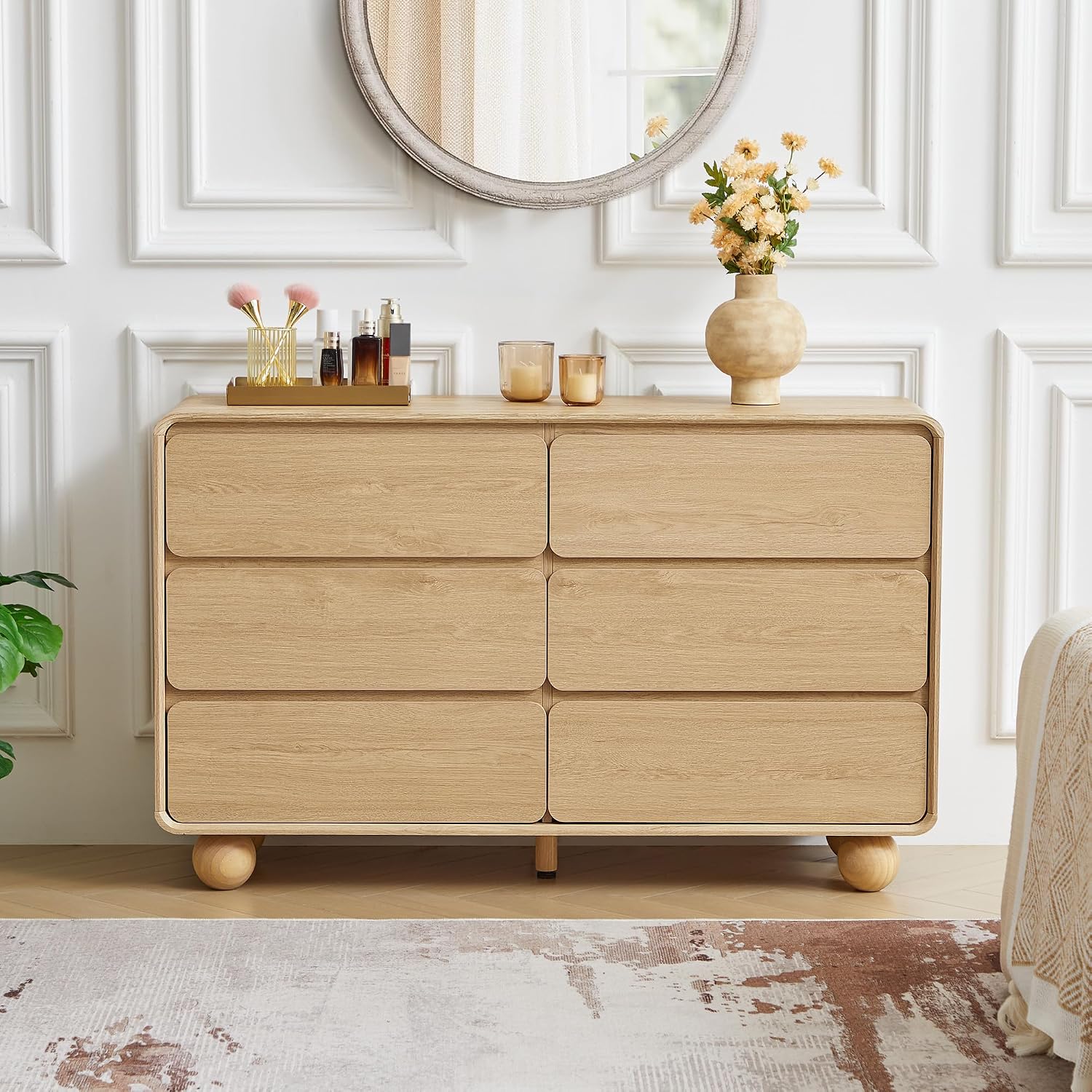 AVZEAR 6 Drawer Dresser for Bedroom, 48' Modern Wooden Dresser Chest of Drawers, Curved Profile Design, Closet Clothes Storage Organizer for Kids Bedroom, Living Room, Nursery, Natural Color