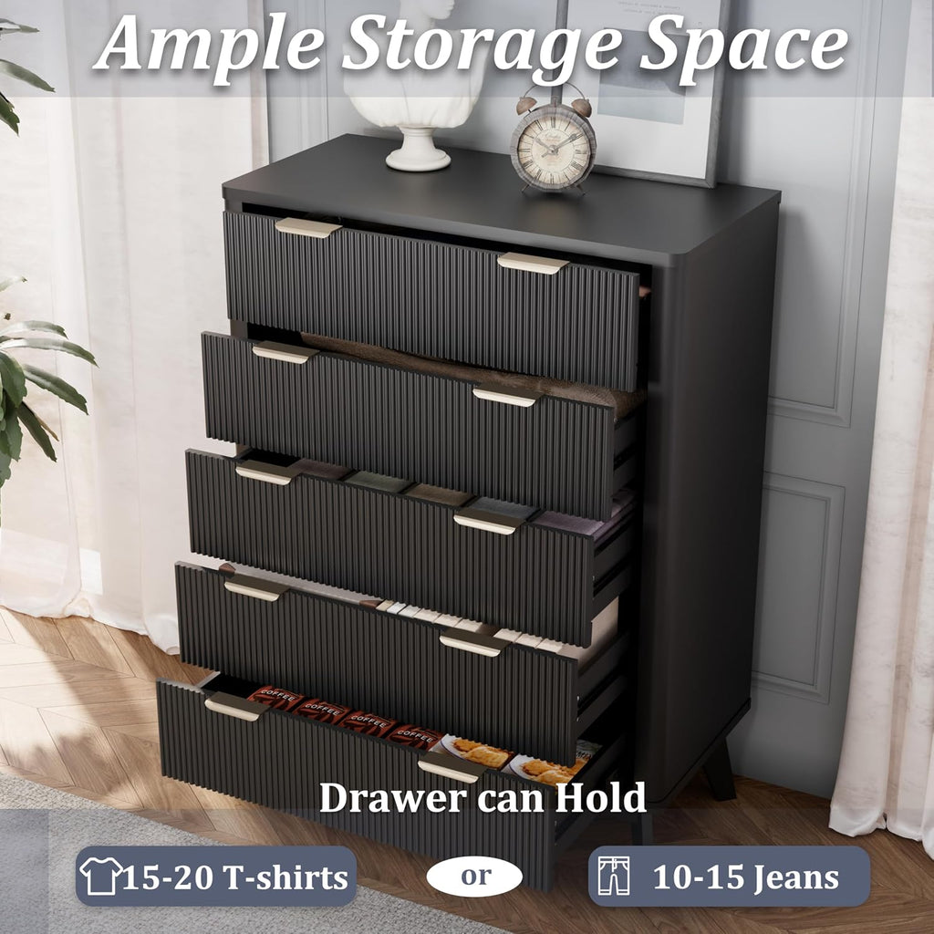 Royal Windsor Fluted 5 Drawers Dresser for Bedroom,43' Tall Wooden Dresser Chest of Drawers,Curved Profile Design,Storage Organizer for Living Room,Hallway,Black
