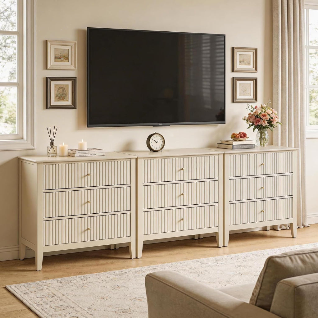 RoyalCraft Beige Fluted 3 Drawer Dresser, 32 inch Wide Dresser Nightstand for Bedroom, Modern Wood Chest of Drawers, Large Painted Nightstand with 3 Drawers for Closet, Hallway, Entryway