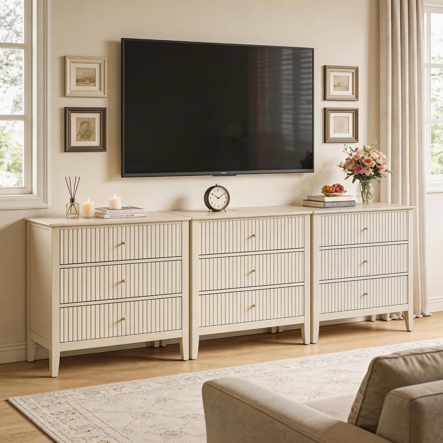 RoyalCraft Beige Fluted 3 Drawer Dresser, 32 inch Wide Dresser Nightstand for Bedroom, Modern Wood Chest of Drawers, Large Painted Nightstand with 3 Drawers for Closet, Hallway, Entryway