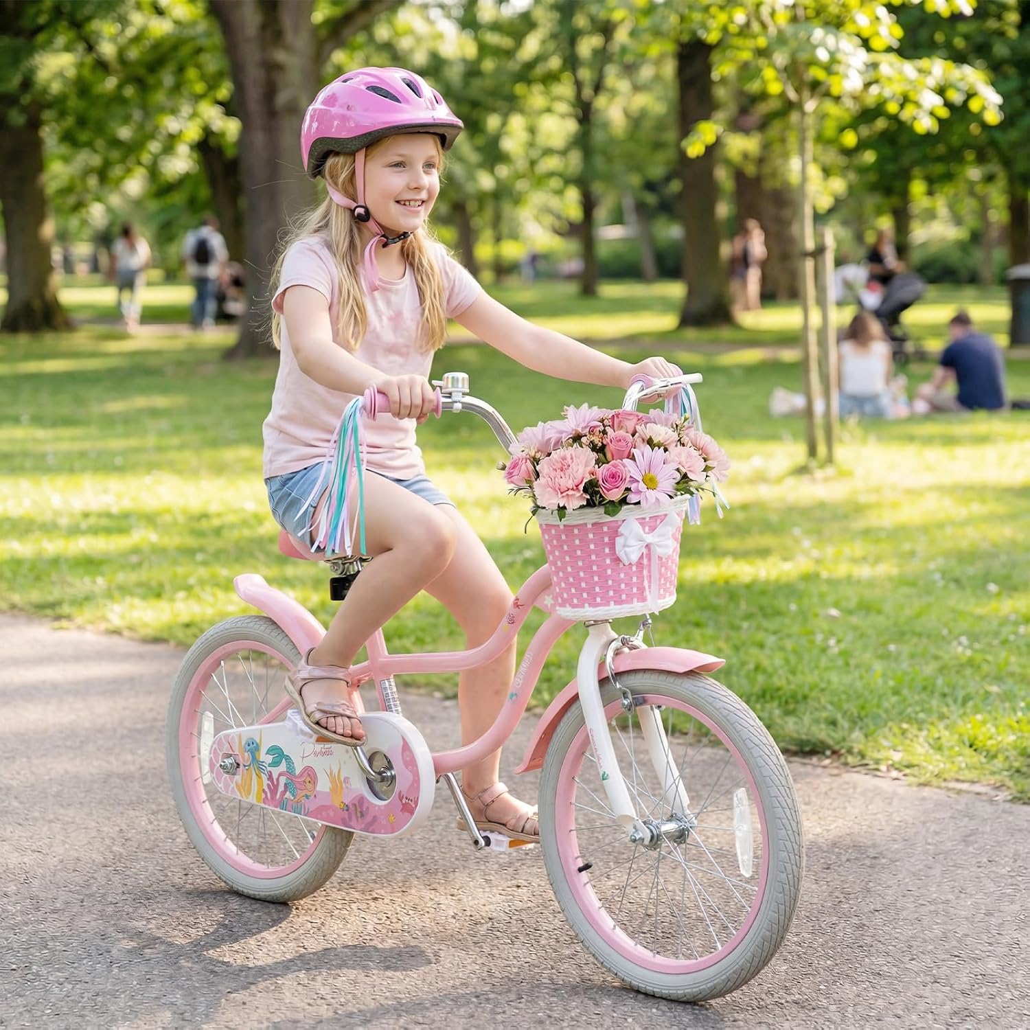 Olakids Kids Bike, 12 14 16 18 20 Inch Mermaid Theme Girls Bicycle with Training Wheels Basket Adjustable Seat and Handlebar Dual Brake