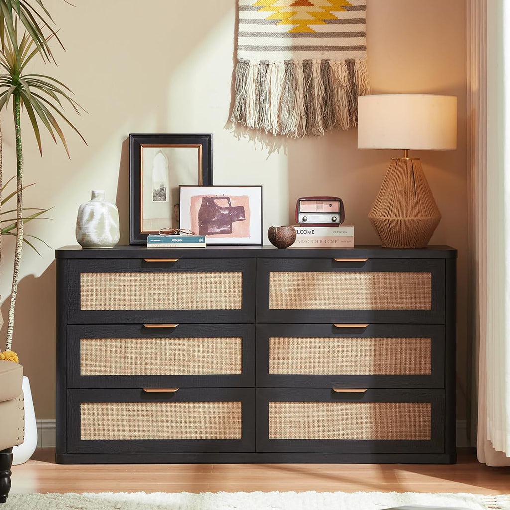 LEYAOYAO Rattan 6 Drawer Dresser for Bedroom Set of 2, Boho 54' Wide Black Dresser Chest of Drawers, Dressers TV Stand with Metal Handle, Storage Dressers Closet Organizer for Living Room, Hallway