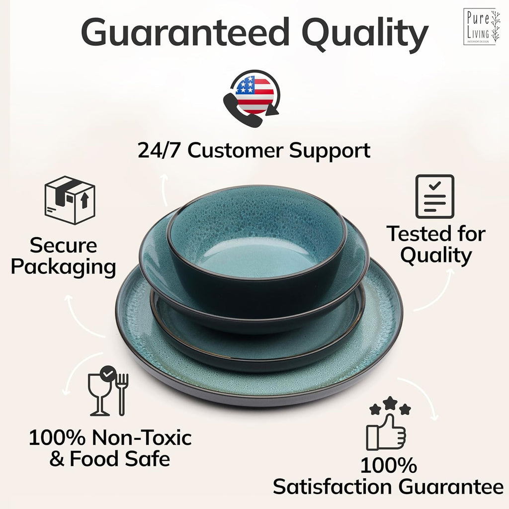 32 Piece Dinnerware Sets for 8 - Modern Style Stoneware Dinnerware Set - Scratch Resistant, Dishwasher Safe Plates and Bowls Sets Ceramic, Dish Set, Bowl and Plate Set - Black and Petrol Blue…