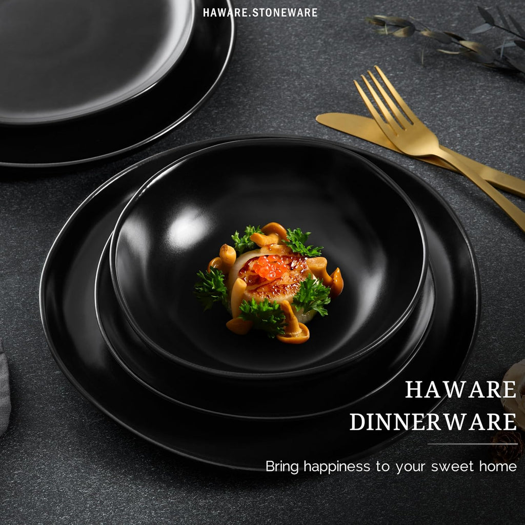 HaWare Dinnerware Sets, 24-Piece Stoneware Plates and Bowls Set, Dish Set for 8, Ceramic Dishware for Home Restaurant, Chip and Scratch Resistant, Microwave and Dishwasher Safe, Matte Black