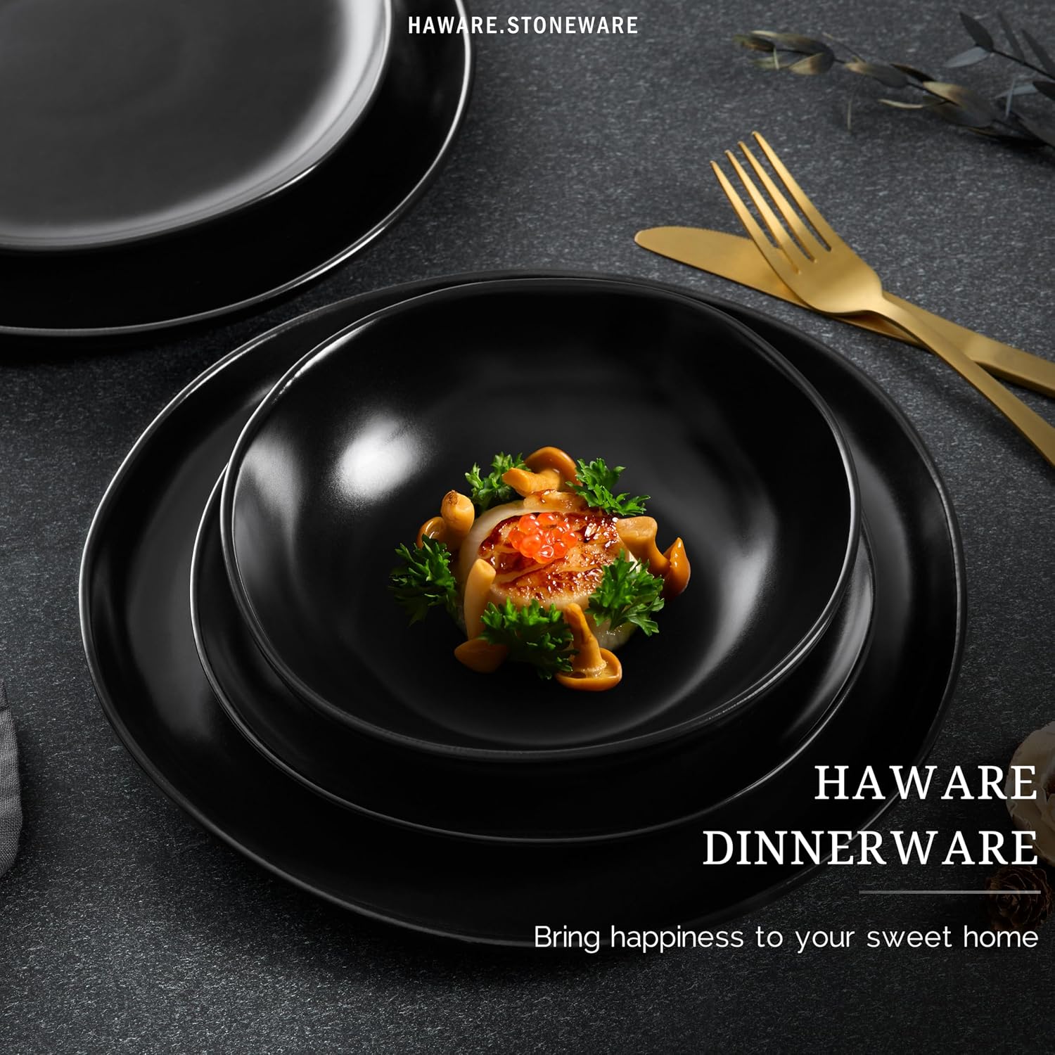 HaWare Dinnerware Sets, 24-Piece Stoneware Plates and Bowls Set, Dish Set for 8, Ceramic Dishware for Home Restaurant, Chip and Scratch Resistant, Microwave and Dishwasher Safe, Matte Black