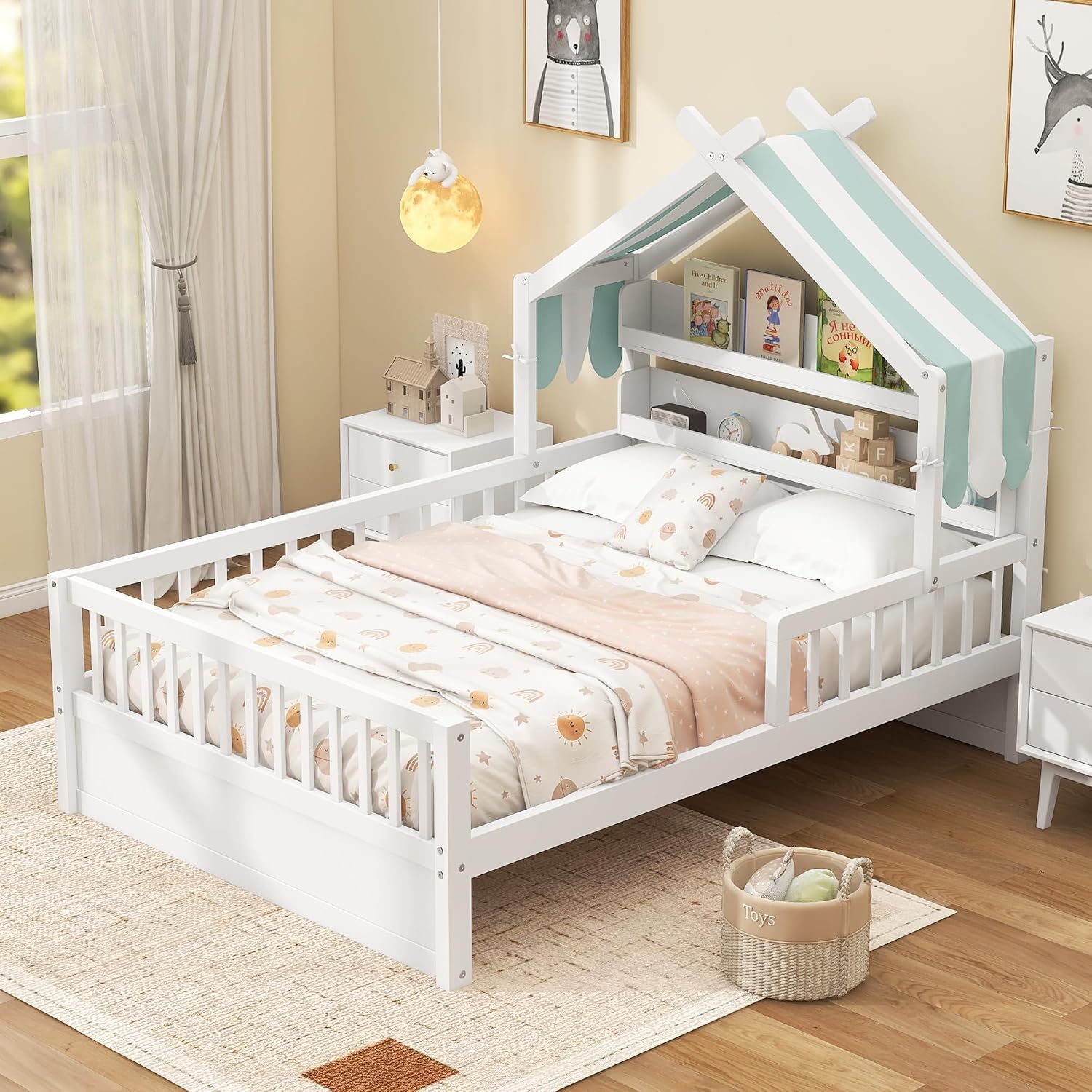 Merax Twin Size House Bed with Storage Headboard Shelf & Removable Canopy, Wooden Platform Bed Frame with Guardrail for Boys Girls Teens Bedroom Use, No Box Spring Needed, White