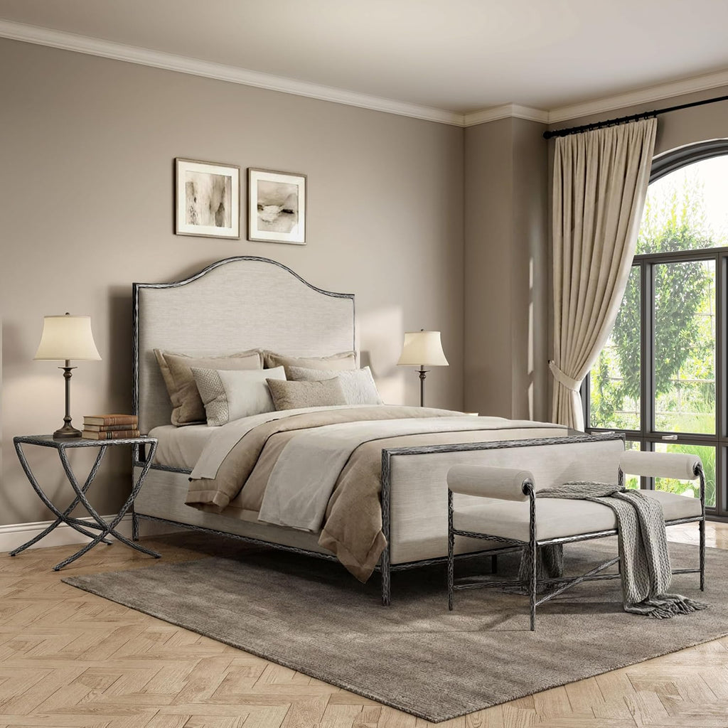 24/7 Shop at Home Lalia Hammered Metal 4-Piece Bedroom Collection, Upholstered Bed Frame with Camelback Headboard, Forged Steel, Bench and Curved Nightstands, Foundation Required, Queen, Matte Grey