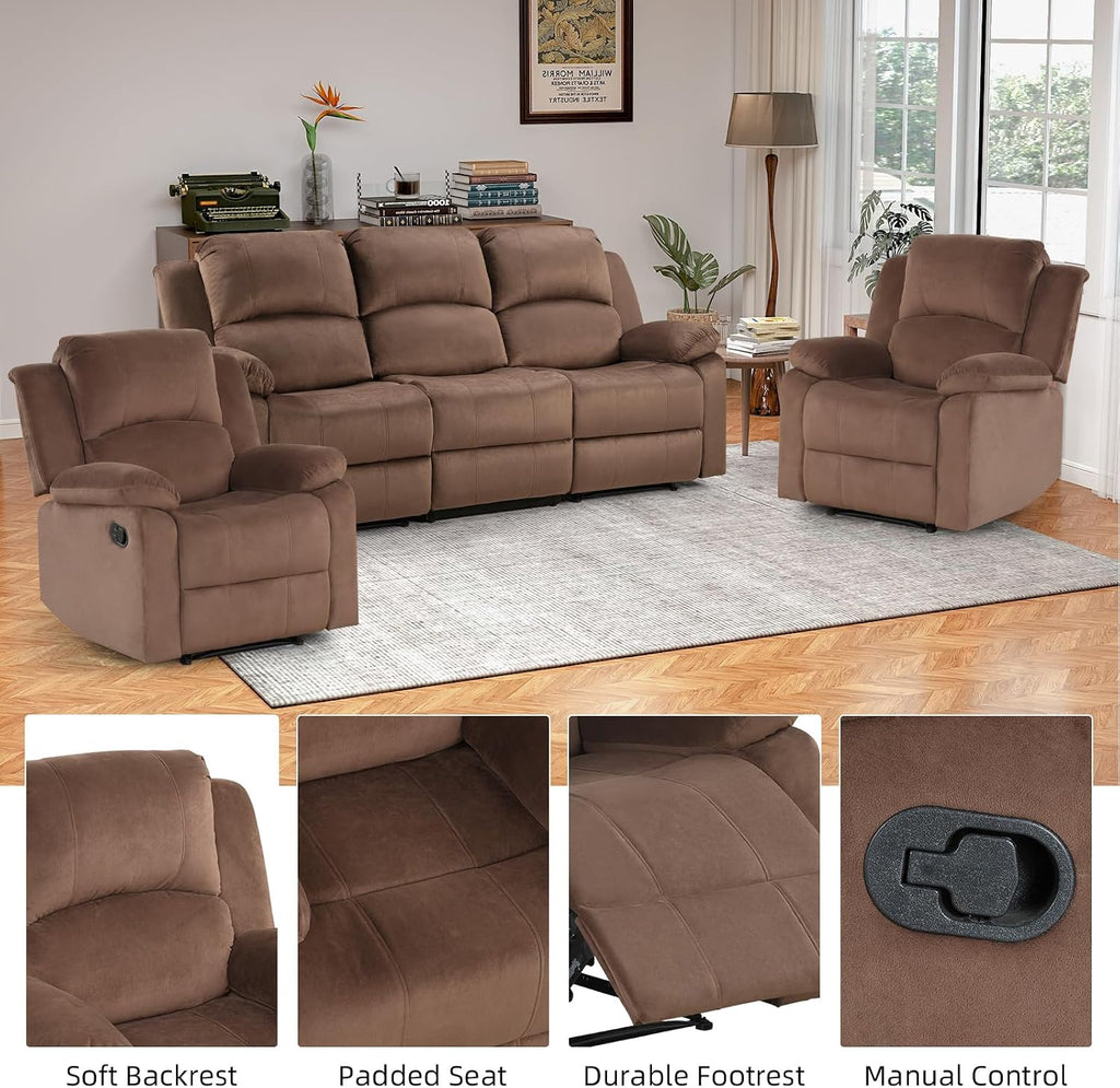 EBELLO Manual Recliner Sofa Set, Modern Microfiber Reclining Couch Furniture Set for Living Room, Includes 2 Recliner Chair and 1 3-Seater Reclining Couch for Home Theater and Office, Brown