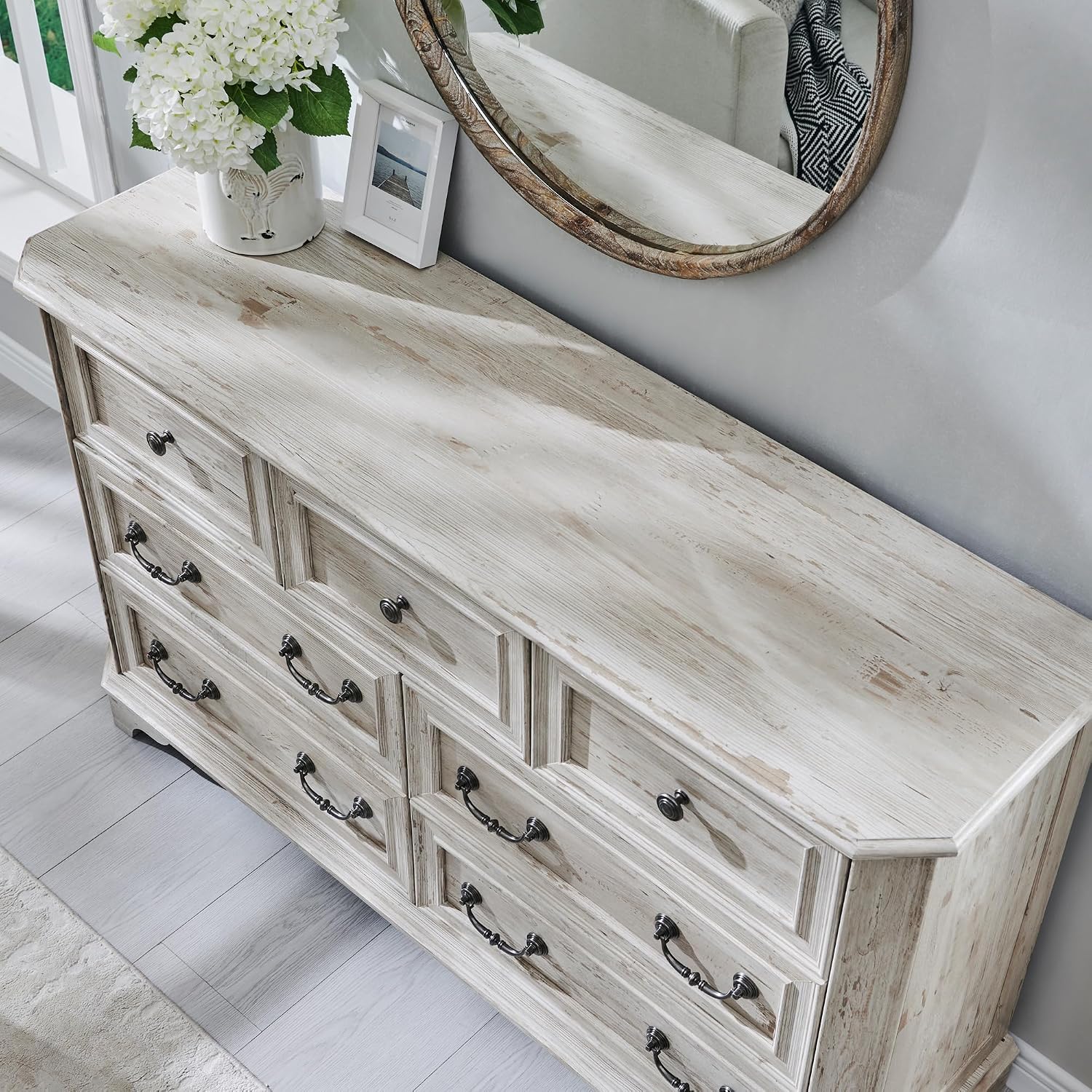 T4TREAM Farmhouse 7 Drawers Dresser for Bedroom, 54' Wide Wood Rustic Chest of Drawers with Natural Texture, Vintage Design, Storage Dressers Organizer for Bedroom, Living Room, Distressed White