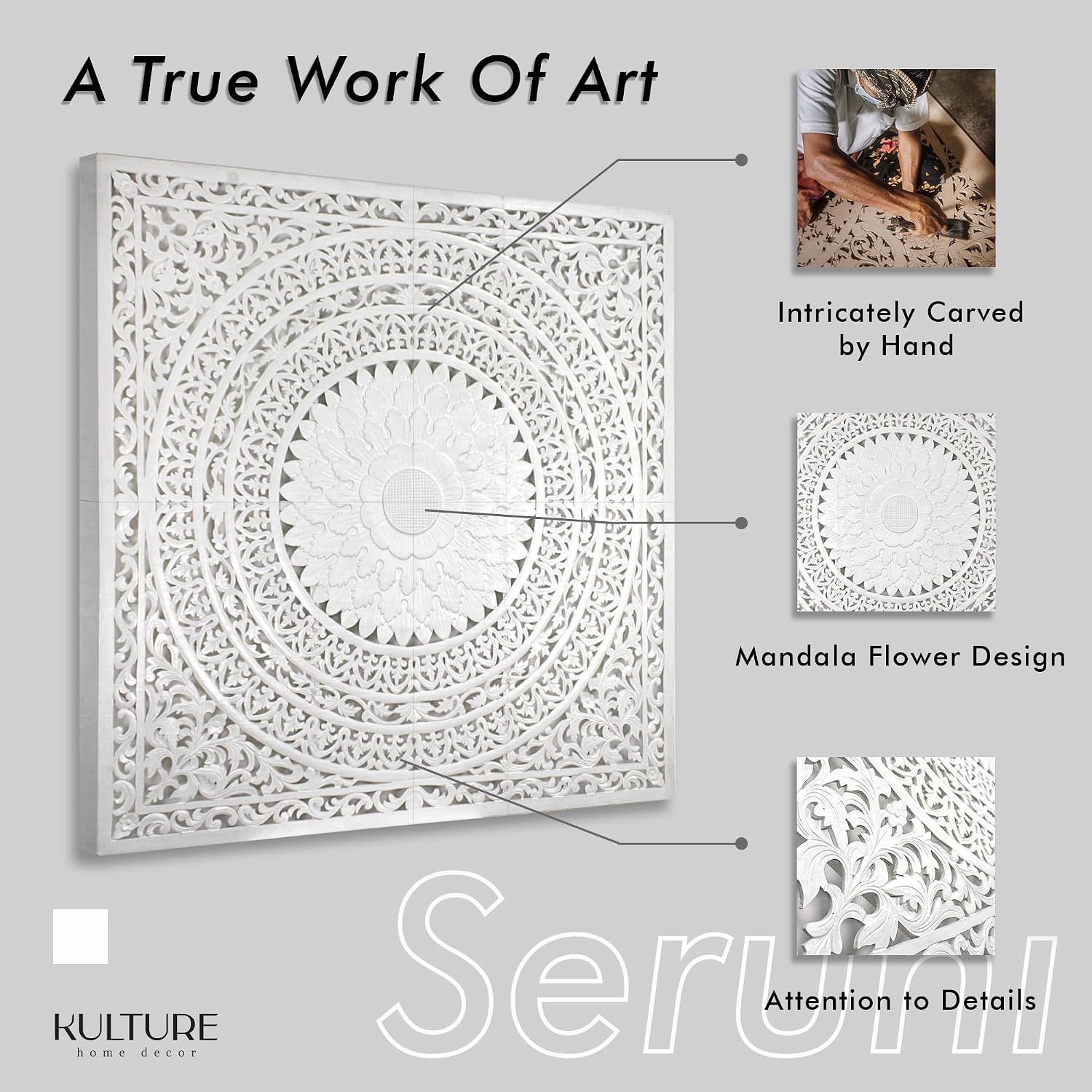 Queen Headboard Panels 59x59 in, Seruni White Hand Carved, Made in Bali Indonesia, Wall Mounted Behind Bed, 4 Panels + Hardware