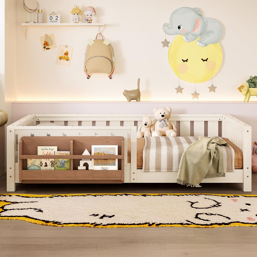 Bellemave Beige Montessori Floor Bed with Fence and Slats, Full Size Montessori Floor Bed with Bookcase and High Rails, Easy Assemble Bed Frame for Girls, Boys, Full