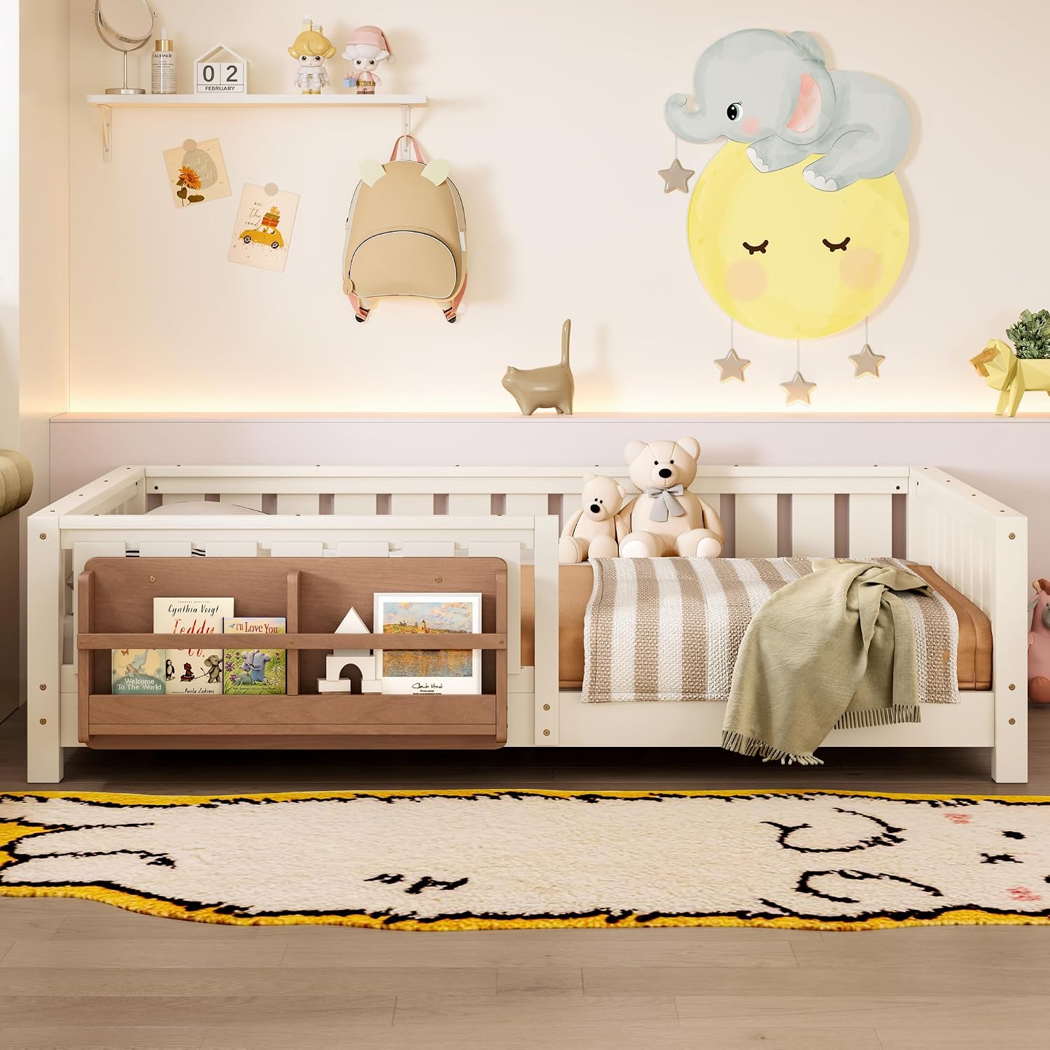 Bellemave Beige Montessori Floor Bed with Fence and Slats, Full Size Montessori Floor Bed with Bookcase and High Rails, Easy Assemble Bed Frame for Girls, Boys, Full