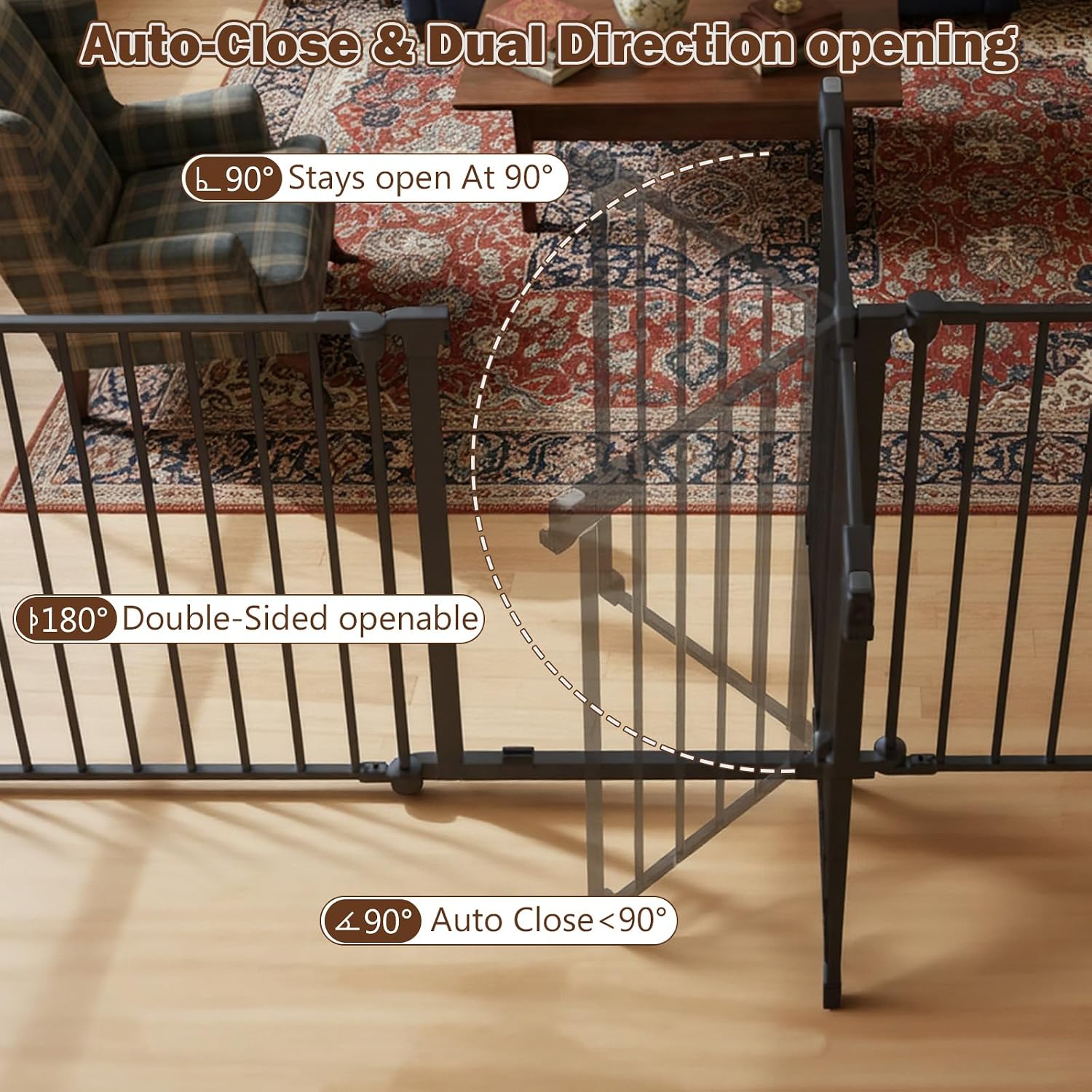 Mumeasy 126' Extra Wide Baby Gate for Doorways, Stairs & Fireplace, Auto Close Safety Dog & Pet Gate with Walk Thru Door, Childproof Fence for Hallway Kitchen House Indoor Outdoor,5 Metal Panels,Black