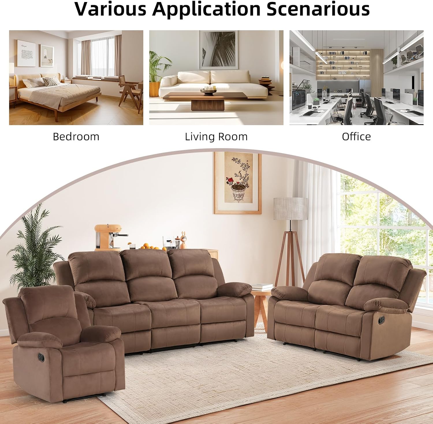 EBELLO Manual Recliner Sofa Set, Microfiber Reclining Couch Furniture Set for Living Room, Includes 1 Recliner Chair, 1 Loveseat Sofa and 1 3-Seater Reclining Couch, Brown
