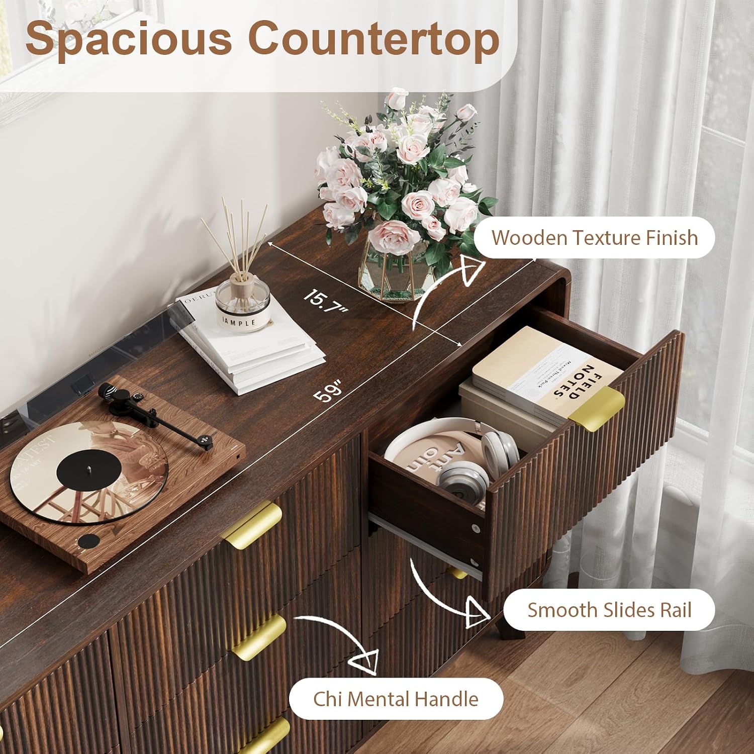 QUW Fluted 59.1' Wide Modern Dresser for Bedroom with 9 Drawers, Tall Chest of Drawers with Metal Handle, Wooden Dresser TV Stand, Hallway, Living Room, Dark Walnut
