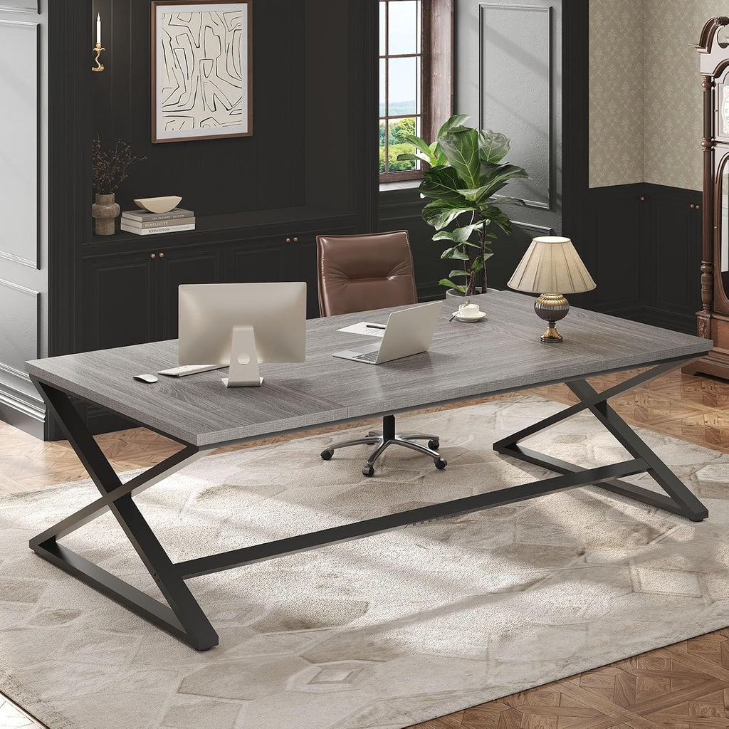 IBF Extra Large Desk, 78.7' Long Home Office Computer Desk, Simple Wide Work Desks for Writing Study in Bedroom, Industrial Wood Metal Game Desks Executive Workstation Conference Table, Light Grey Oak