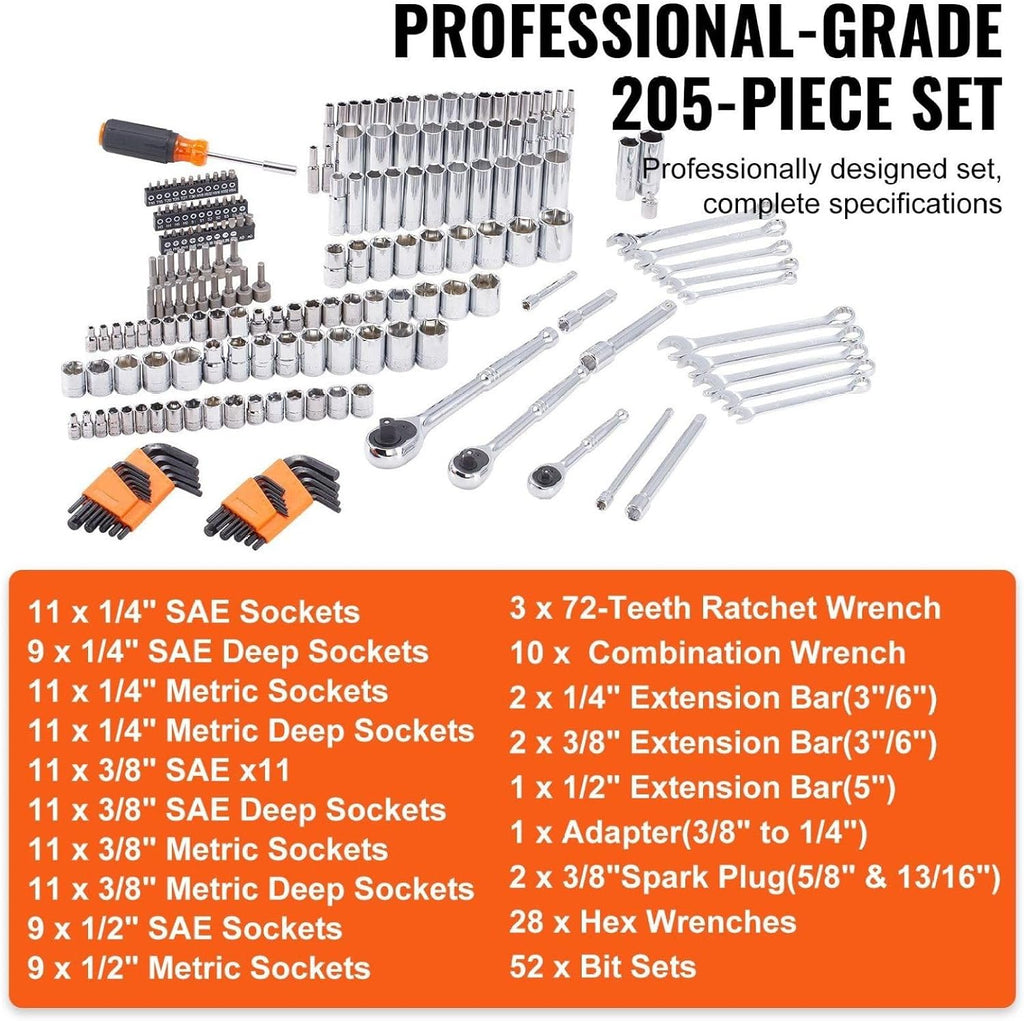 Mechanic Tool Set & Socket Set 205 Pcs - 1/4' 3/8' 1/2' Drive SAE & Metric, Combination Wrenches, Hex Keys, Bit Set with Storage Case