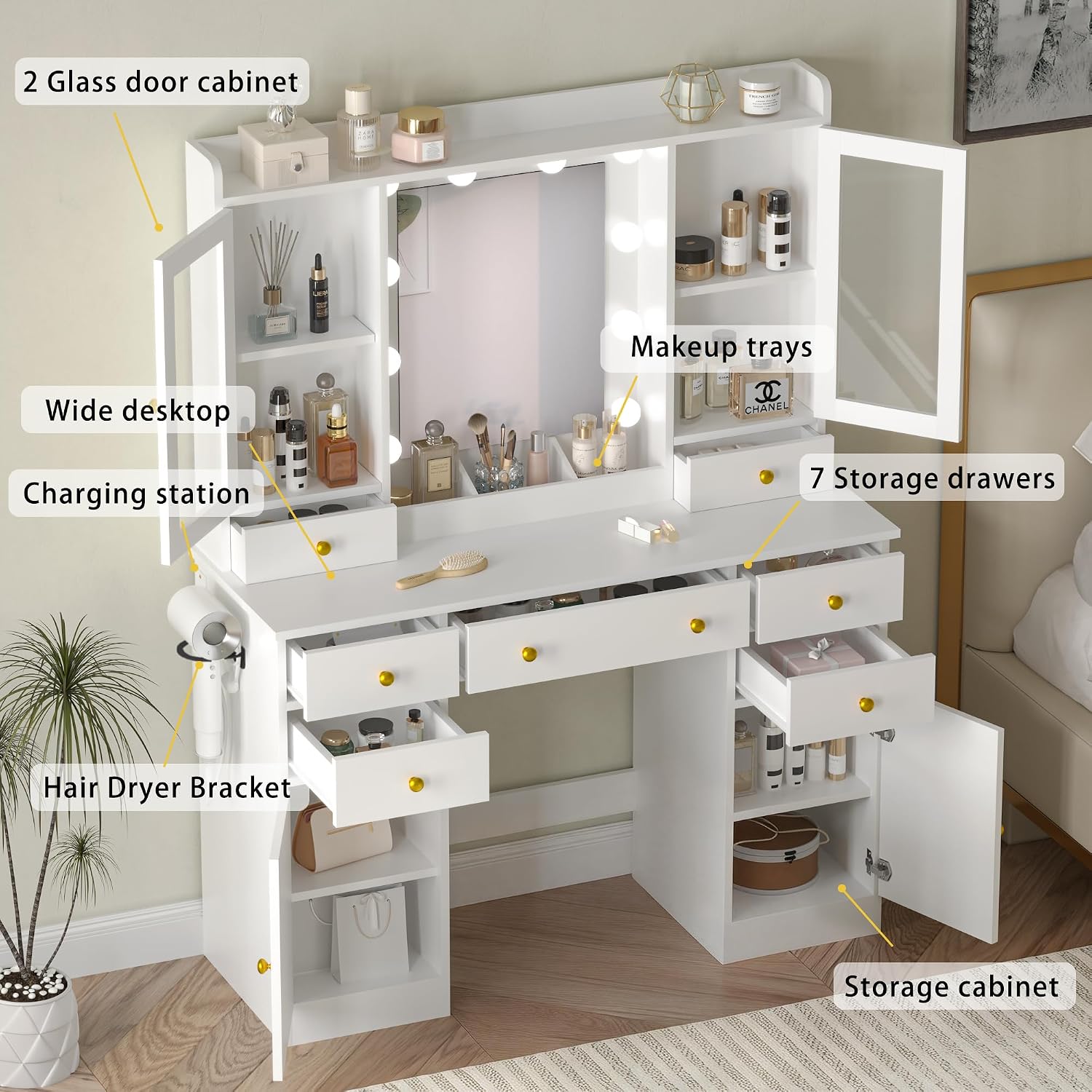 Wodeer Vanity Desk with Mirror and Lights, 43' White Makeup Vanity Set with 5 Drawers & Glass Cabinets, Makeup Tray, Power Outlet & Adjustable LED Lights, Dressing Table for Women Girls Bedroom