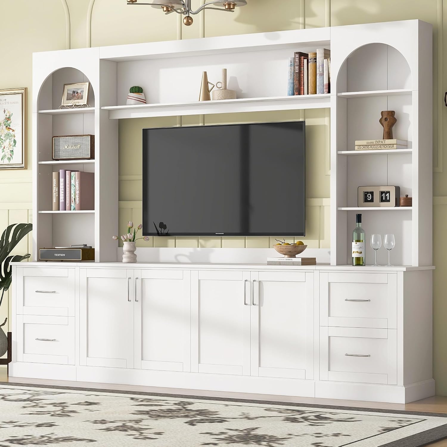 Modern Arched Entertainment Center with Bookshelves and Drawers, Farmhouse TV Stand for TVs Up to 65 Inch, All-in-One Console Media Console Unit with Adjustable Shelves & Cable Holes, White