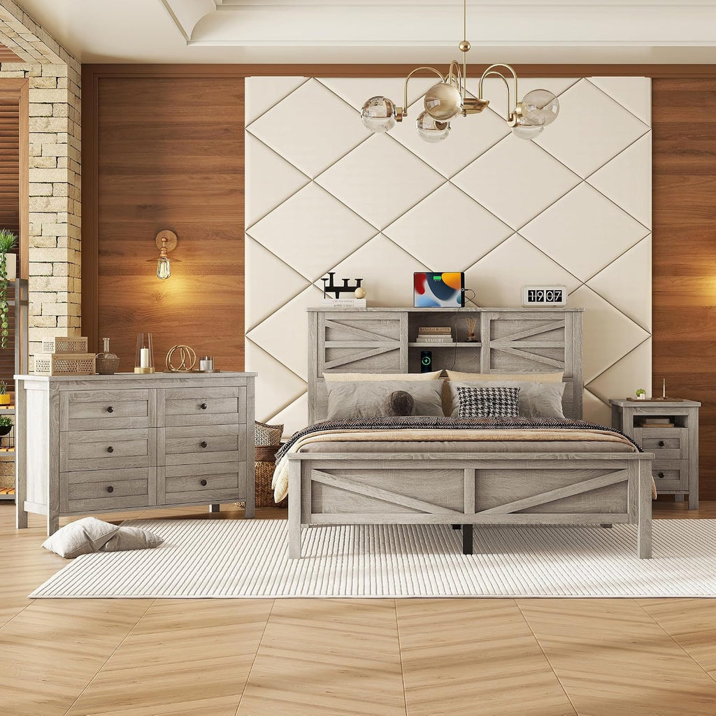3-Pieces Bedroom Sets with Queen Size Farmhouse Platform Bed, Double Sliding Door Storage Headboard, USB, 3PCS Bedroom Sets with Cabinet, Nightstands for Kids Adults, Gray