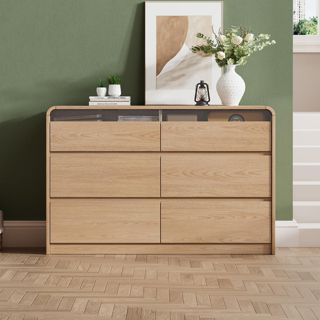 Ieejdn 47.2' Dresser with 6 Drawer, Wide Dresser with Recessed Glass Display & Silent Metal Rails, Handleless Chest of Drawers for Clothes, and Bedding, Oak