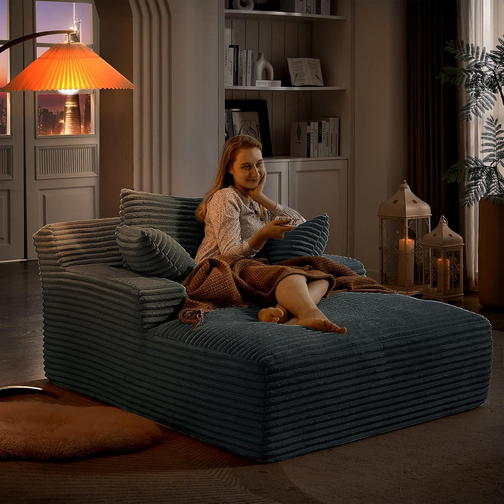Oversized Chaise Lounge Chair Indoor, 66' Cloud Boneless Sleeper Couch Corduroy Upholstered Sofa Bed Deep Seat Comfy Reading Chair with 3 Pillows for Living Room Bedroom, Dark Grey