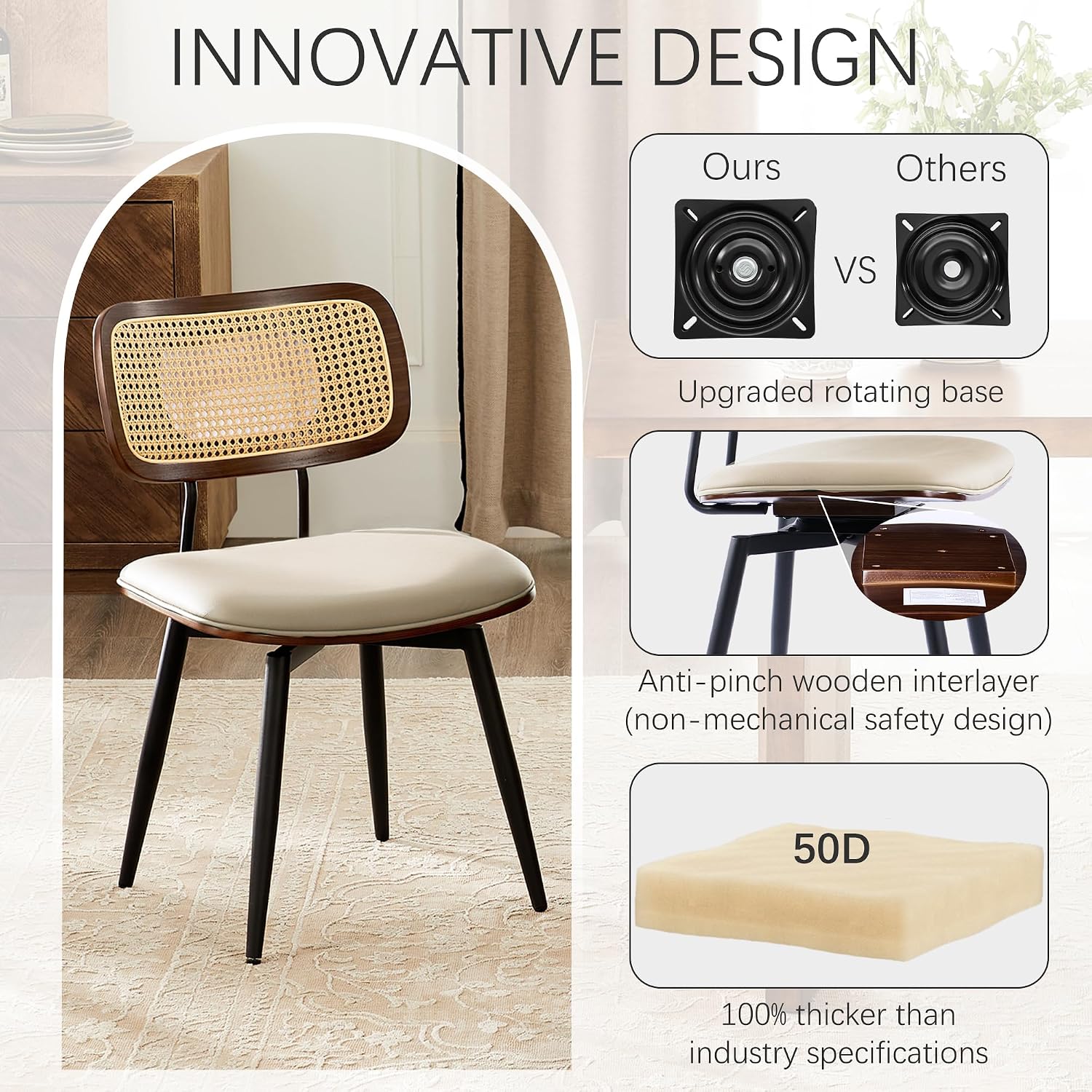 Dining Chairs, Swivel Dining Chairs Set of 6, Faux Leather & Rattan Walnut Dining Room Chairs, Bentwood & Metal Frame Upholstered Chairs with 360°Rotation, Modern Kitchen/Living Room Chairs (Beige)
