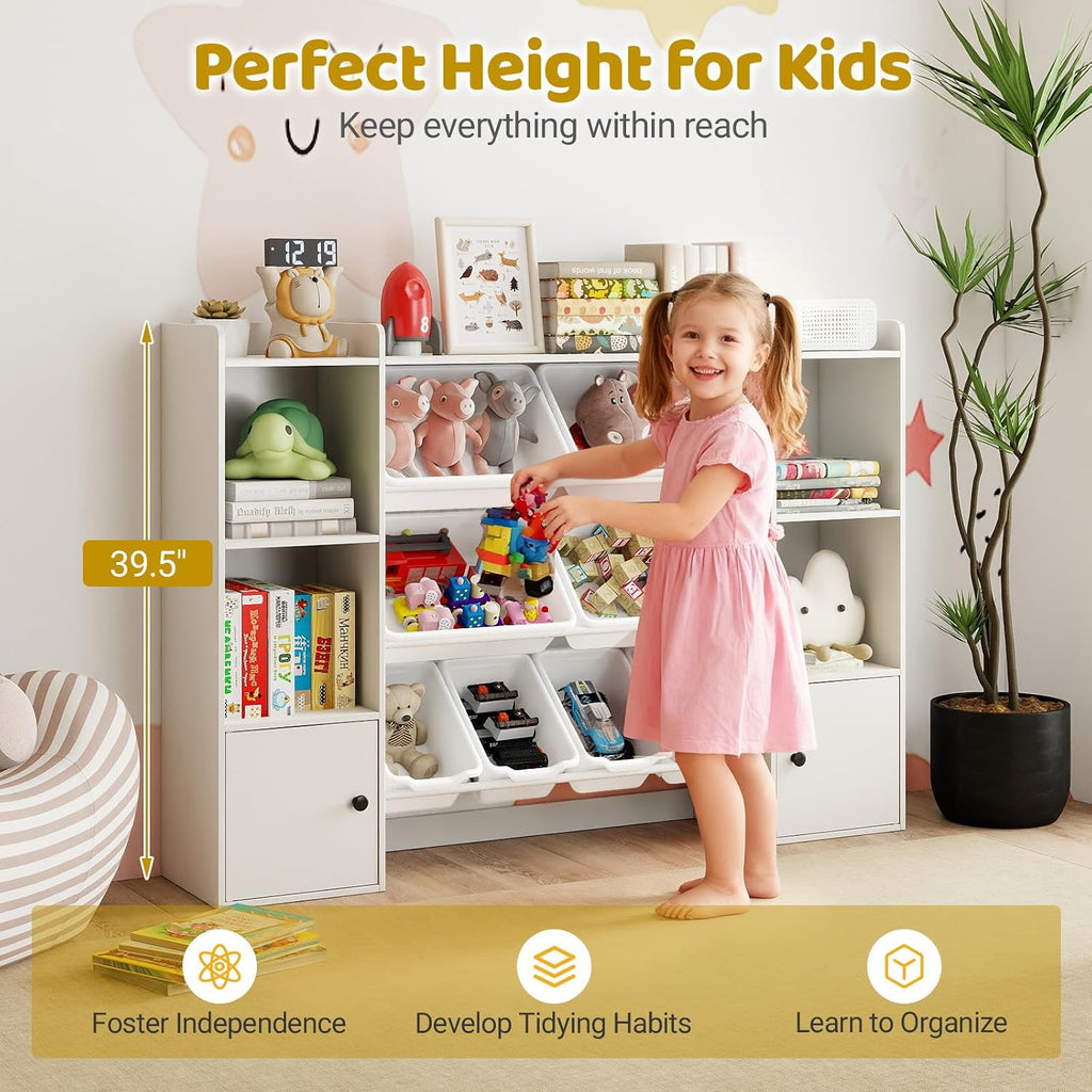 Costzon Kids Toy Storage Organizer w/ 8 Bins, Wooden Toddler Bookcase w/Open Shelves & Cabinet, Multifunctional Toy Storage Cabinet for Kids Room, Nursery & Playroom