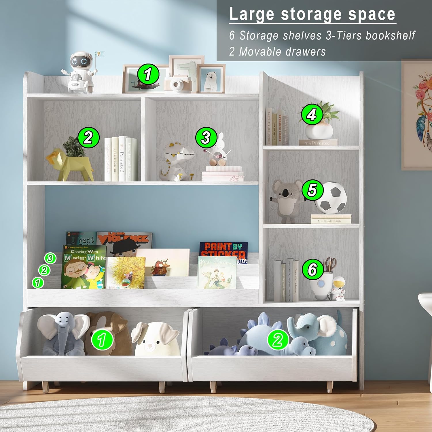 ZOPEND Kids Bookshelf and Toy Storage Organizer with 2 Rolling Bins, 5-Tier Open Wooden Bookcase for Children's Bedroom Playroom Nursery, Montessori Toddler Book Shelf with Display Rack, White