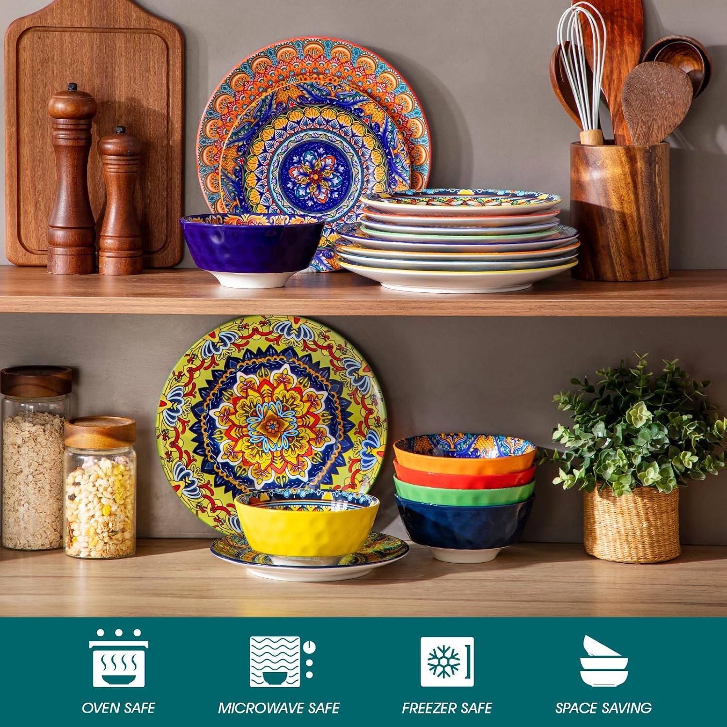 vancasso 18 Pieces Plates and Bowls Set, Bohemian Style Dinnerware Sets Service for 6, Porcelain Boho Dishes Set for Kitchen, Housewaring Gift, Dishwasher and Microwave Safe, Series KRVI