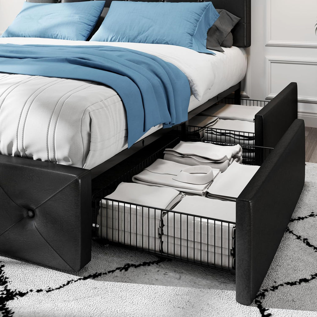 HOOMIC Queen Platform Storage Bed Frame with 4 Drawers & Adjustable Headboard, Wooden Slats, No Box Spring Needed,Diamond Stitched Button Tufted Design,Black