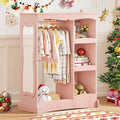 Curipeer Kids Dress Up Storage with Flower Mirror, Open Hanging Closet Wardrobe for Children, Kids Armoire & Costume Organizer for Bedroom Playroom Preschools Classroom, Pink
