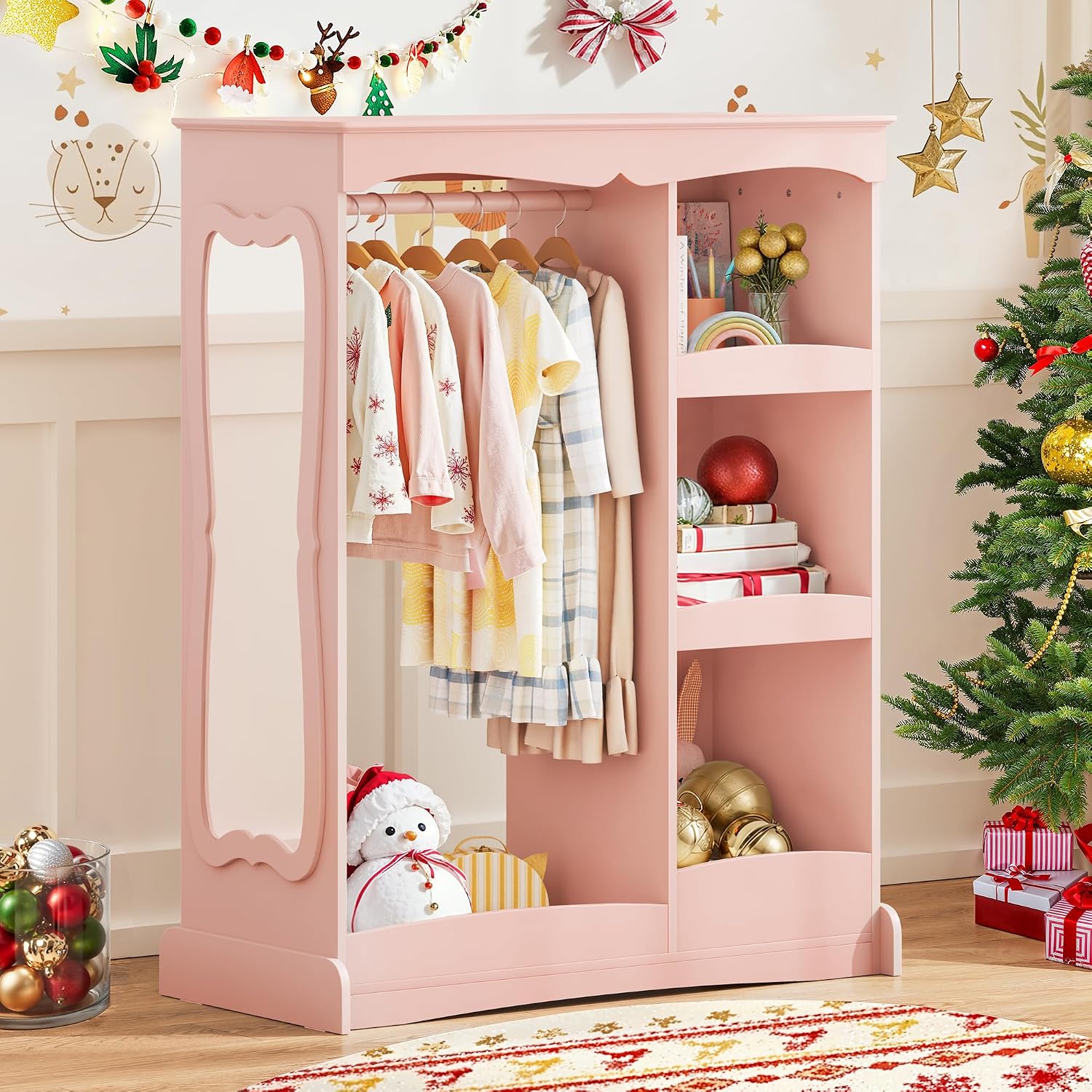 Curipeer Kids Dress Up Storage with Flower Mirror, Open Hanging Closet Wardrobe for Children, Kids Armoire & Costume Organizer for Bedroom Playroom Preschools Classroom, Pink