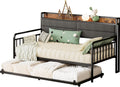 LIKIMIO Daybed with Trundle, Sturdy Metal Twin XL Size Bed Frame with Upholstered Headboard and Charging Station for Living Room, Bedroom and Guest Room, Black