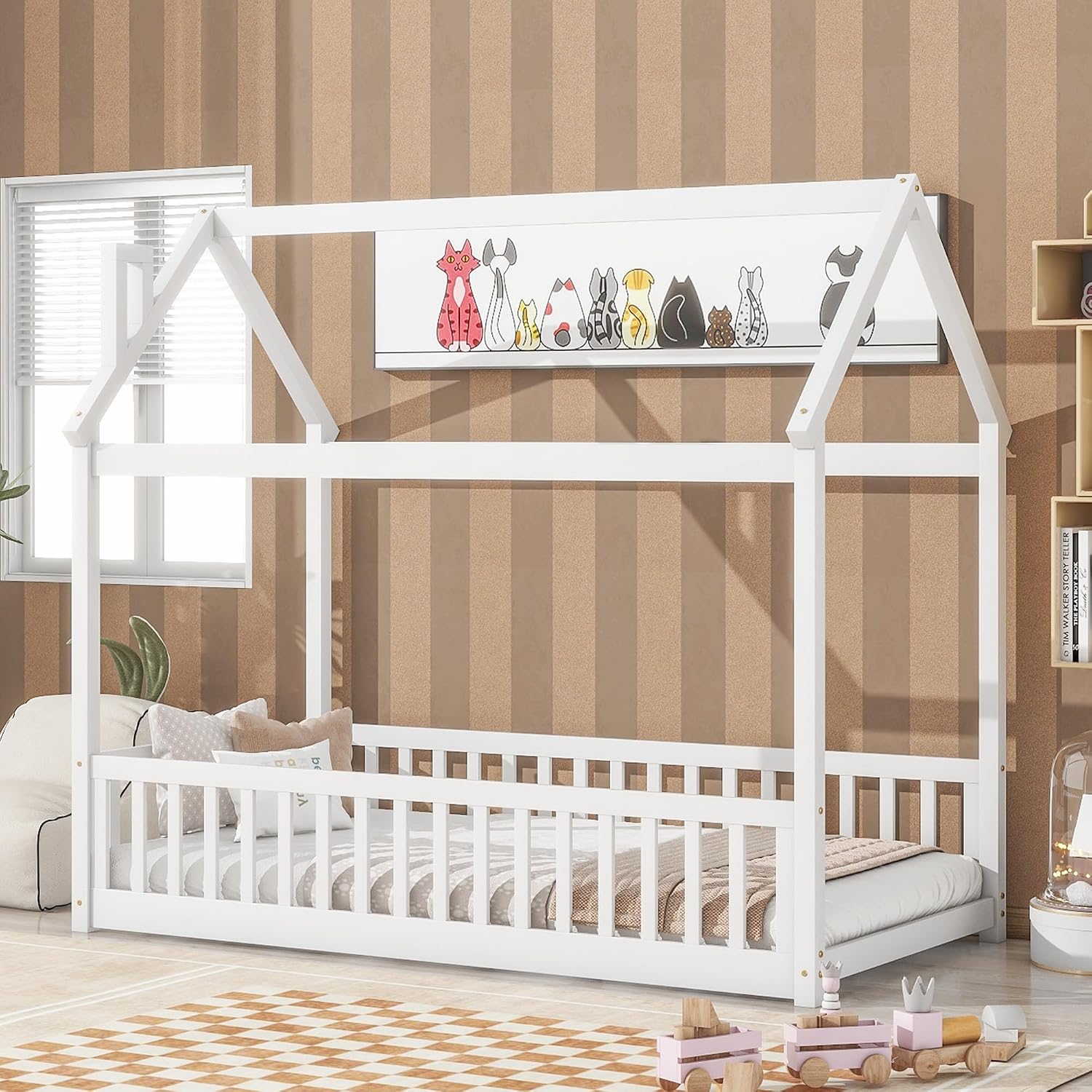 Twin Floor Bed with Slats, Twin Floor Bed for Children, Wooden Montessori Bed with Fence, House Bed for Boys Girls Bedroom - White